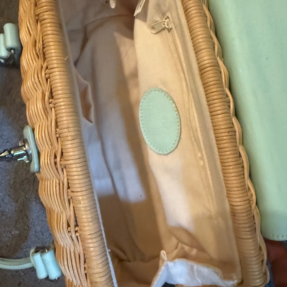 Classic Woven Straw Shoulder Bag with Mint Leather Trim - Picture 7 of 9